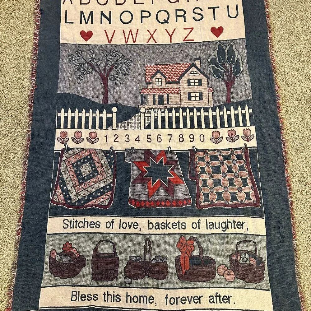 VINTAGE grannycore cottagecore Tapestry Throw woven jacquard blanket sampler